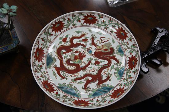 A pair of Chinese polychrome dragon and phoenix dishes, bearing Jiajing marks, 33cm